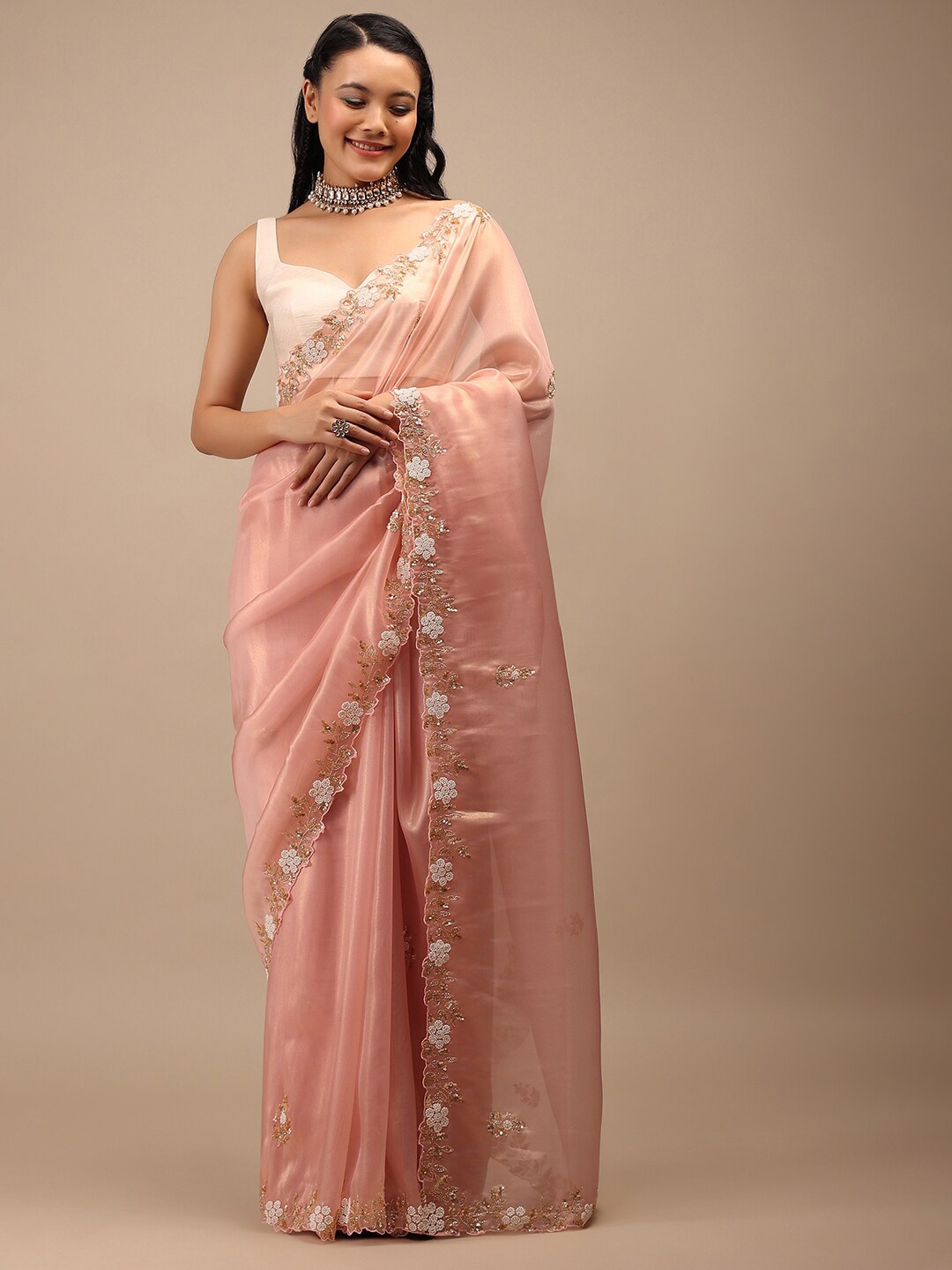 

KALKI Fashion Beads and Stones Embellished Tissue Saree, Pink