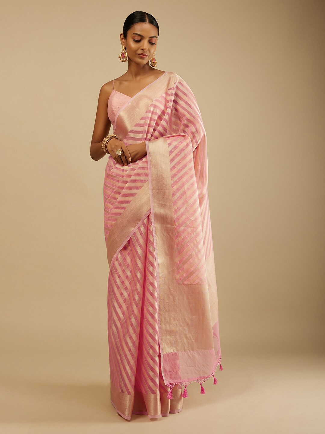 

KALKI Fashion Striped Zari Pure Silk Saree, Pink