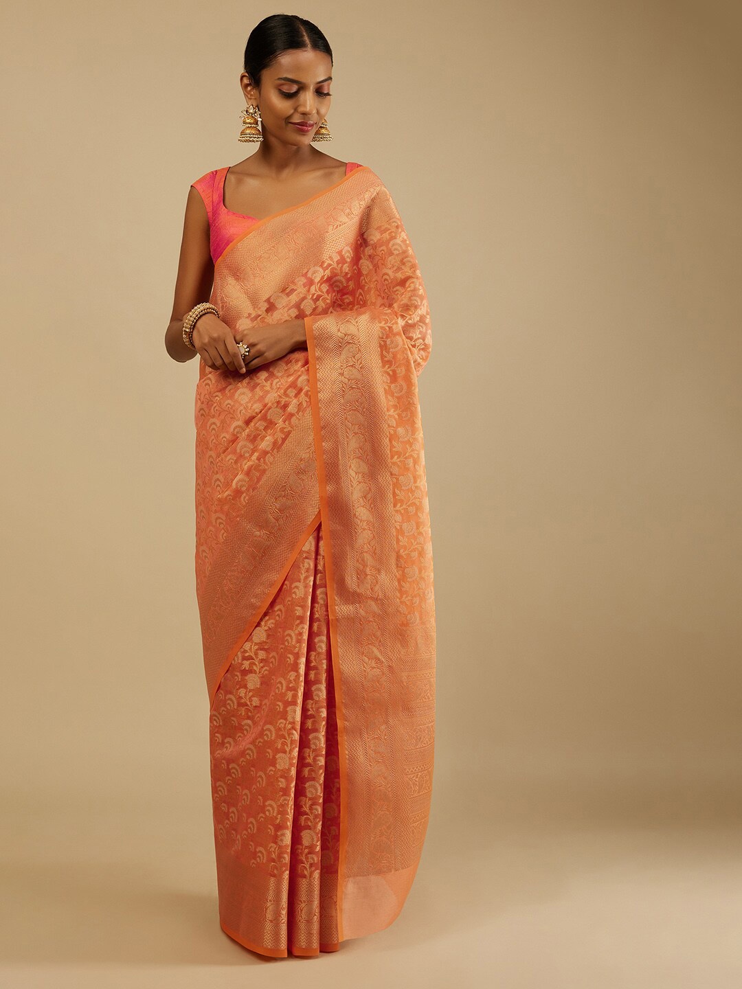 

KALKI Fashion Ethnic Motif Woven Design Zari Pure Silk Saree, Orange