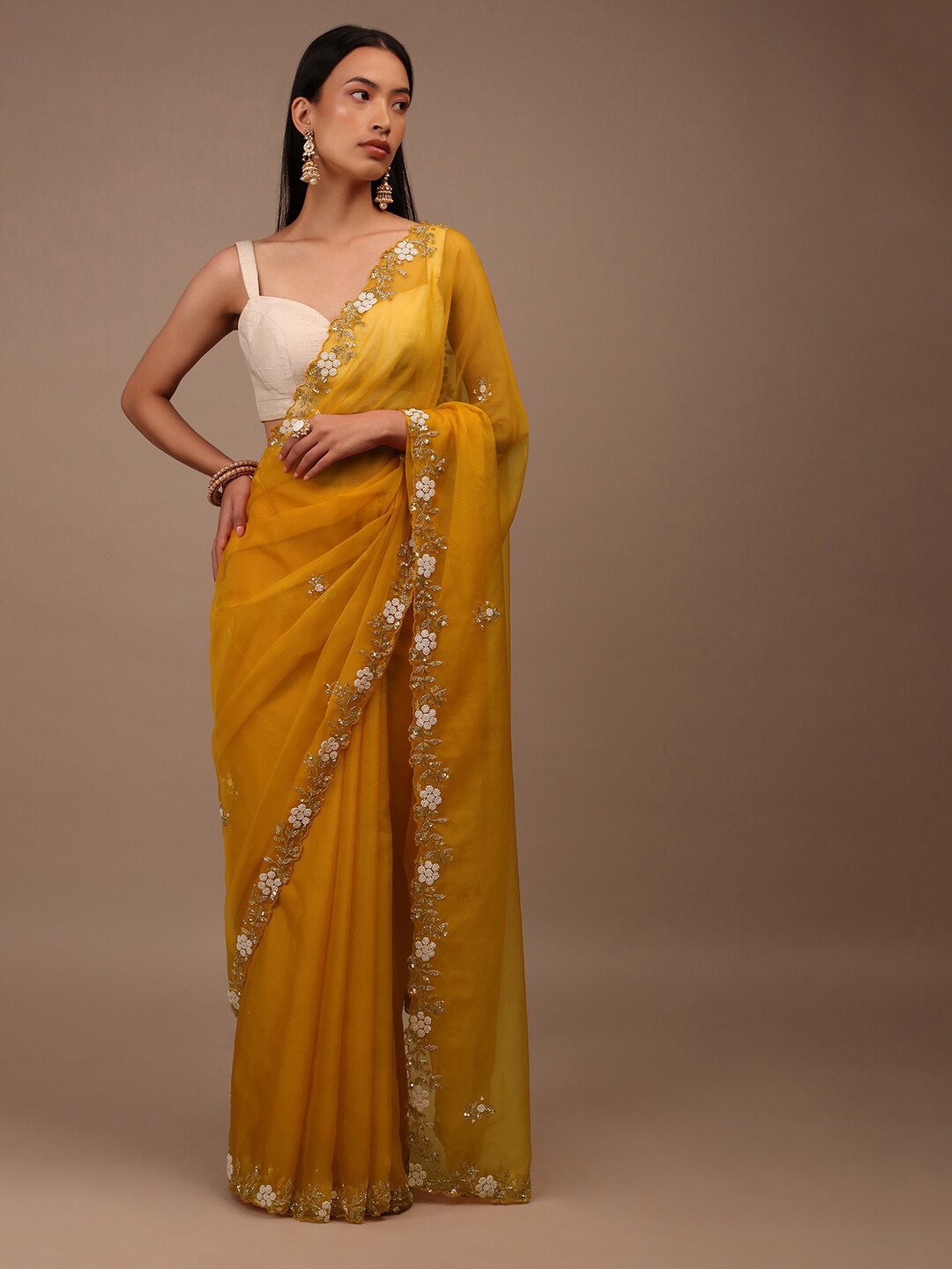 

KALKI Fashion Beads and Stones Embellished Organza Saree, Yellow