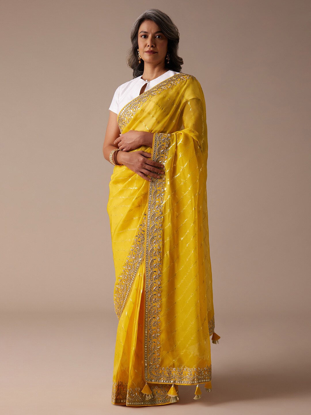 

KALKI Fashion Lurex Organza Diagonal Stripes Gotta Patti saree, Yellow
