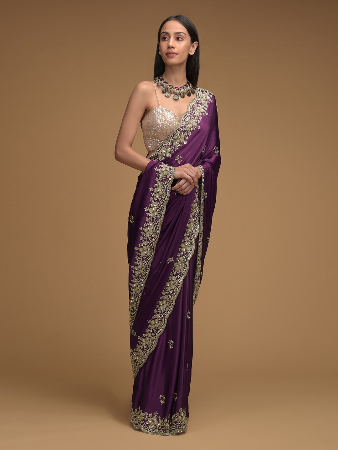 

KALKI Fashion Floral Sequin Embellished Satin Saree, Purple