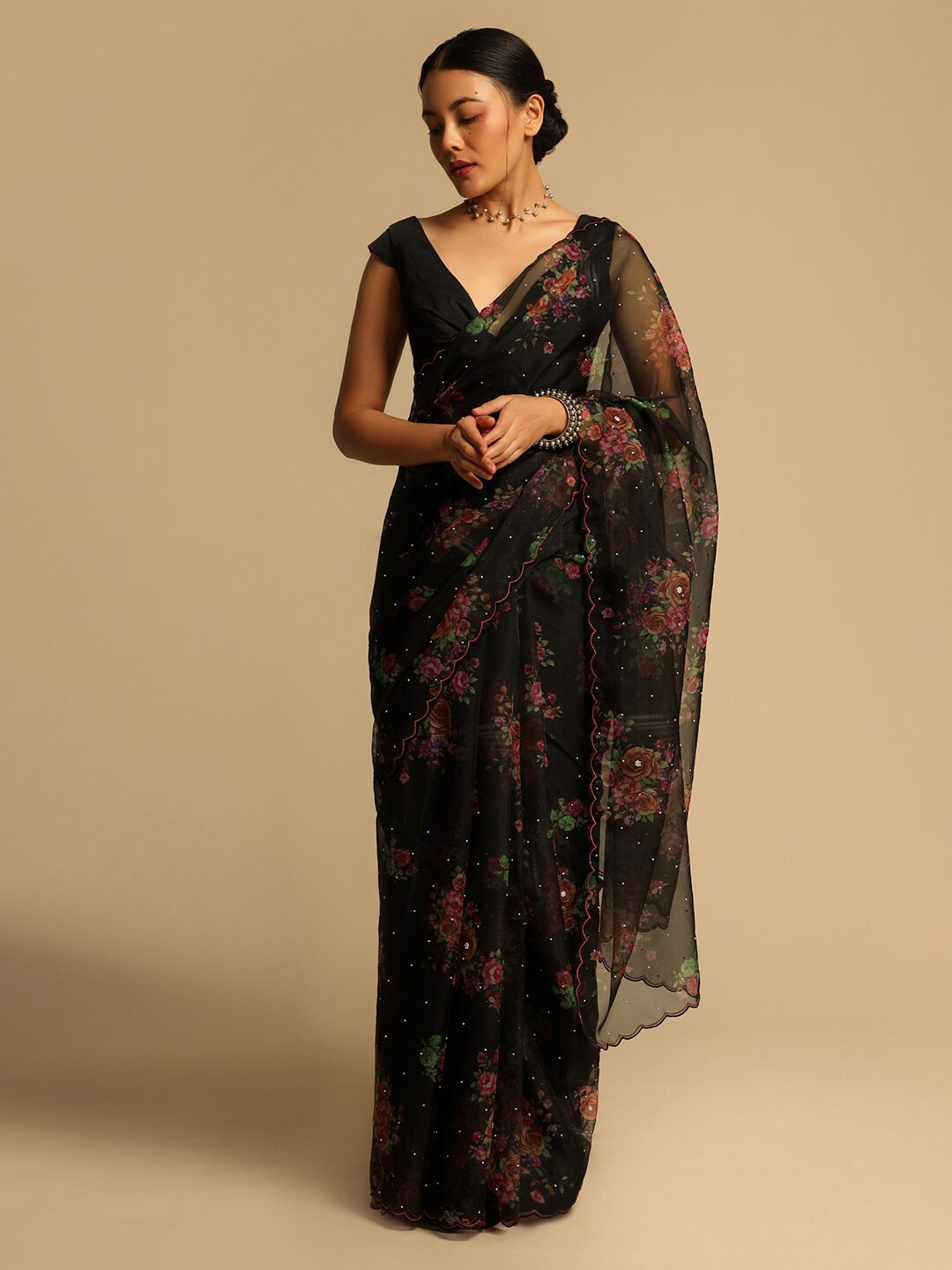 

KALKI Fashion Floral Printed Bead Work Organza Saree, Black
