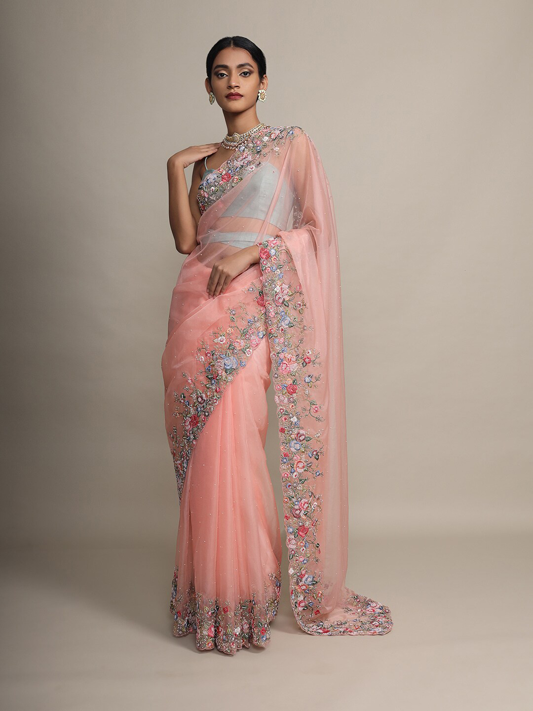 

KALKI Fashion Floral Embroidered Bead Work Organza Saree, Peach
