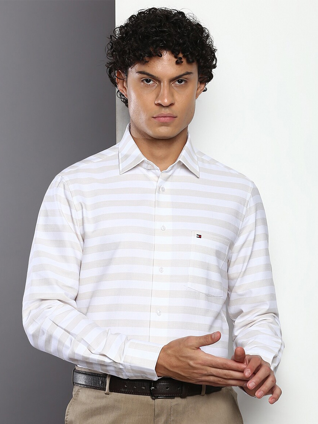 

Tommy Hilfiger Horizontal Striped Long Sleeves Pure Cotton Semiformal Shirt, Beige