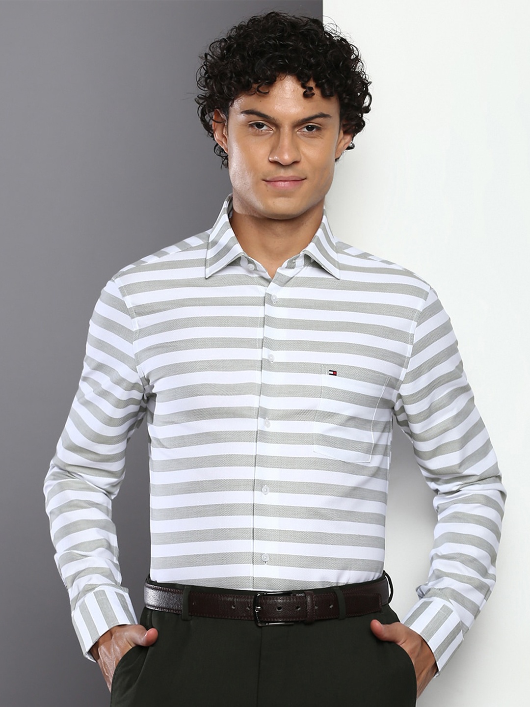 

Tommy Hilfiger Striped Long Sleeves Pure Cotton Semiformal Shirt, Grey