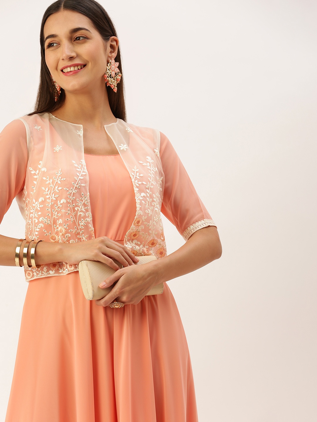 

Ethnovog Embroidered Georgette Maxi Gown Dress With Jacket, Peach