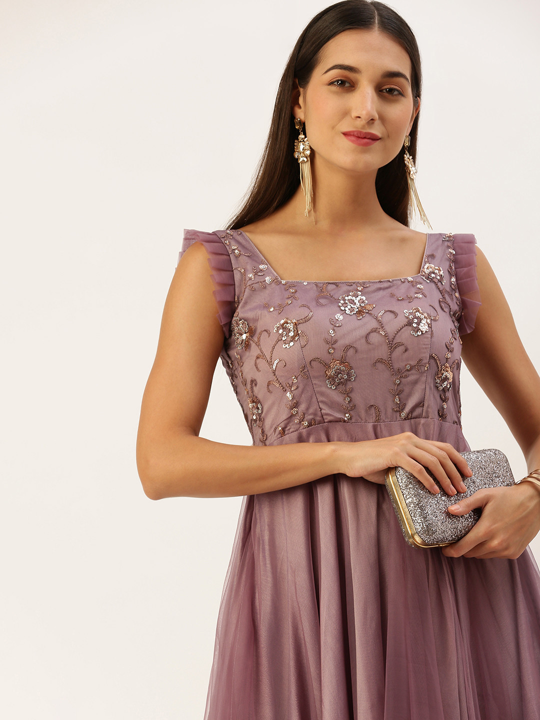 

Ethnovog Floral Embroidered Sequined Net Maxi Gown Dress, Purple