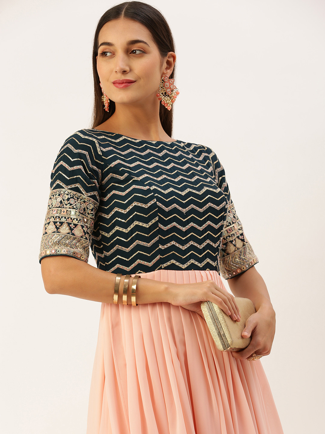 

Ethnovog Embroidered Sequined Georgette Maxi Gown Dress, Peach