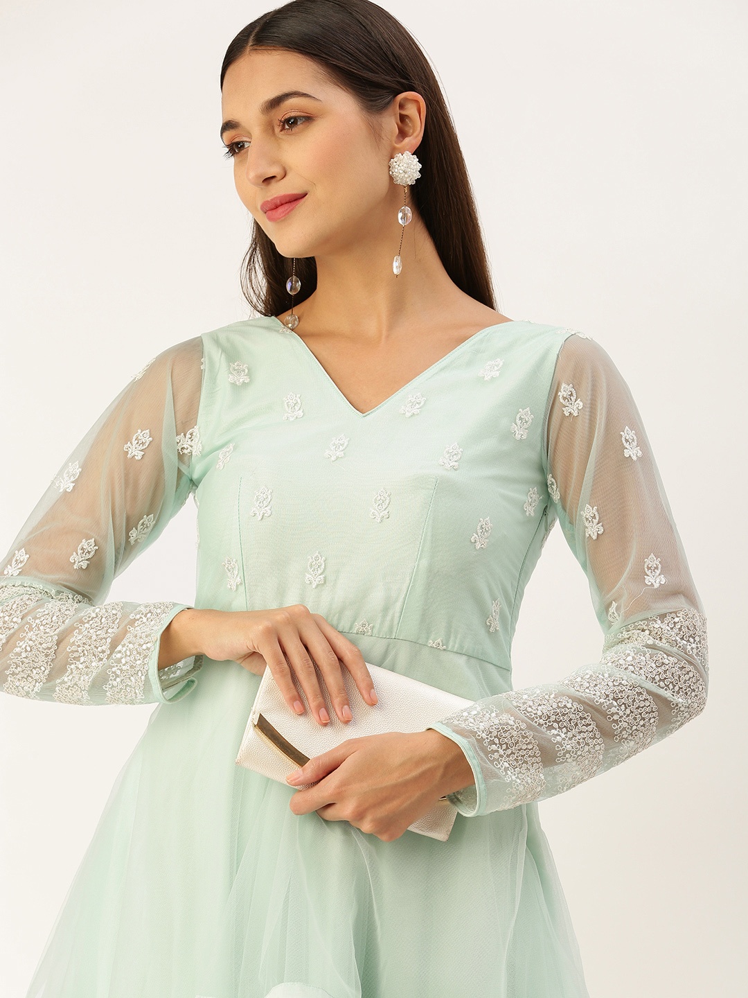 

Ethnovog Floral Embroidered Layered Net Maxi Gown Dress, Blue