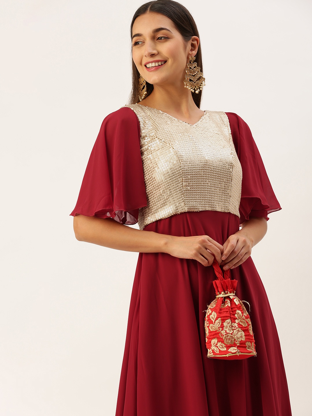 

Ethnovog Embellished Flared Sleeve Georgette Maxi Gown Dress, Maroon