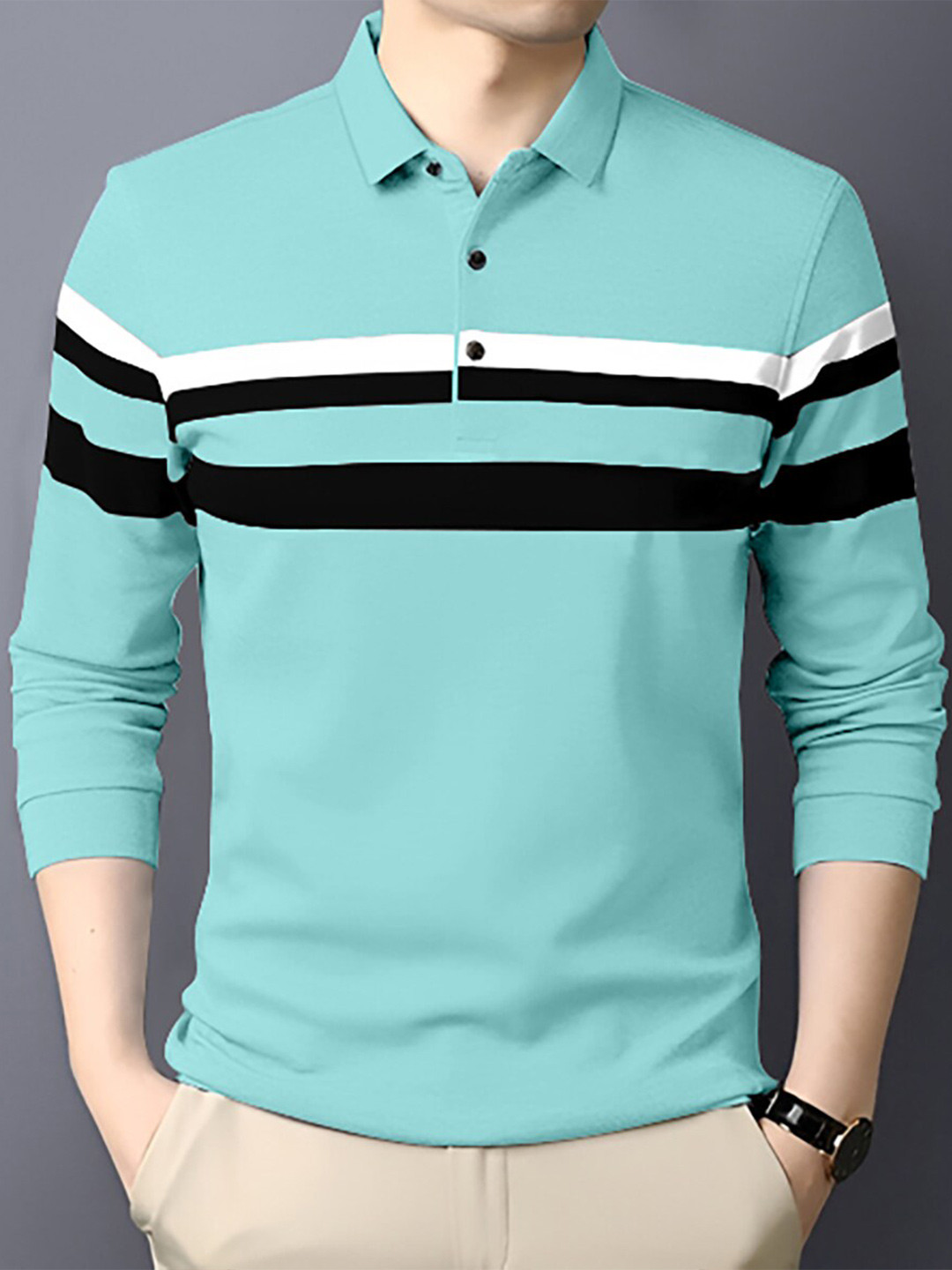

AUSK Striped Polo Collar Cotton T-shirt, Sea green