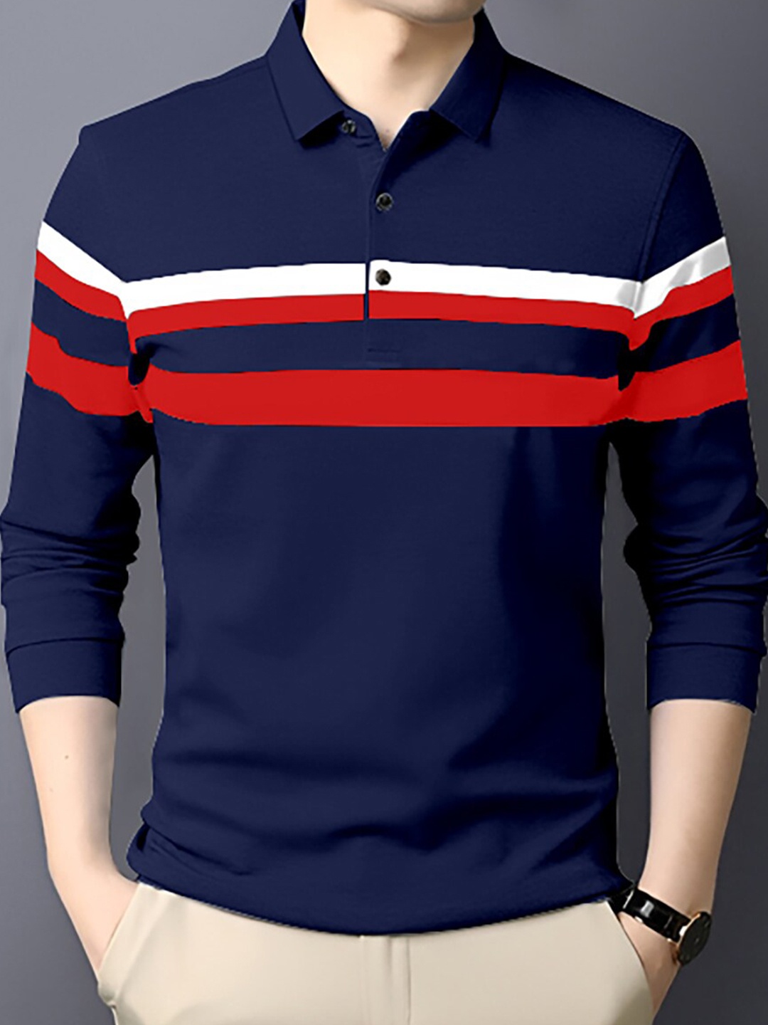 

AUSK Striped Polo Collar Cotton T-shirt, Navy blue
