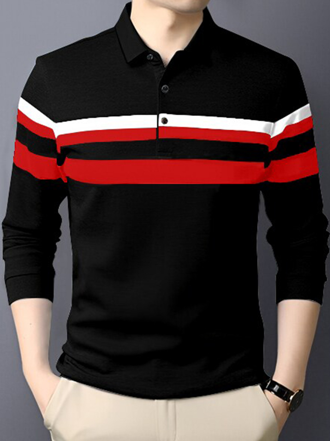 

AUSK Men Striped Polo Collar Long Sleeves Cotton T-shirt, Black
