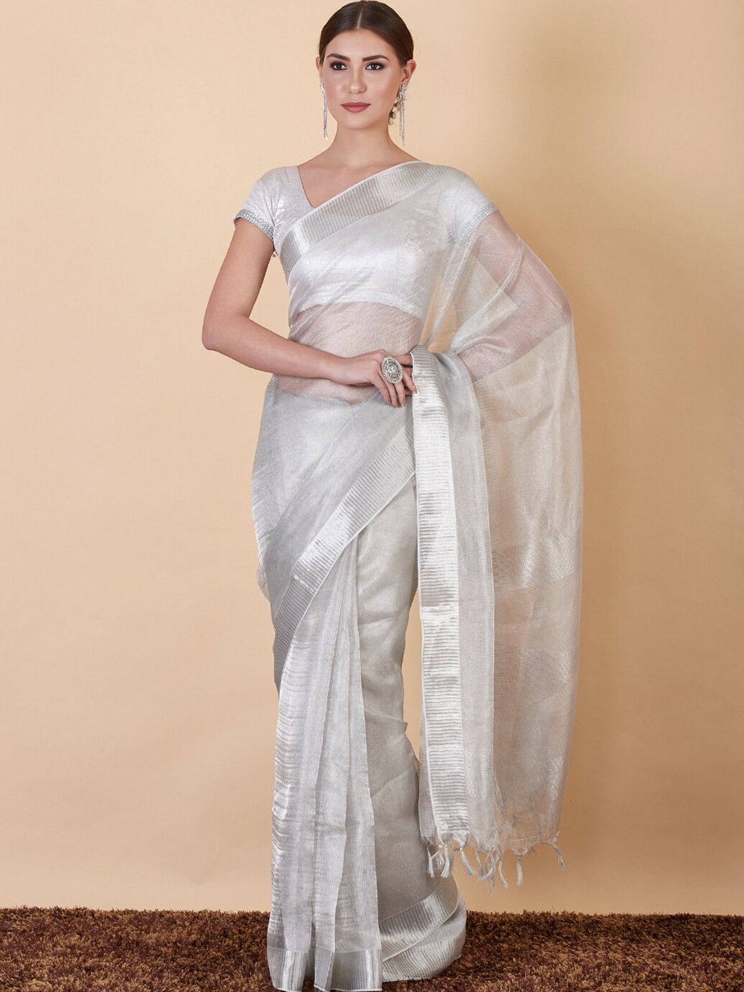 

Meena Bazaar Zari Detailed Banarasi Saree, Silver