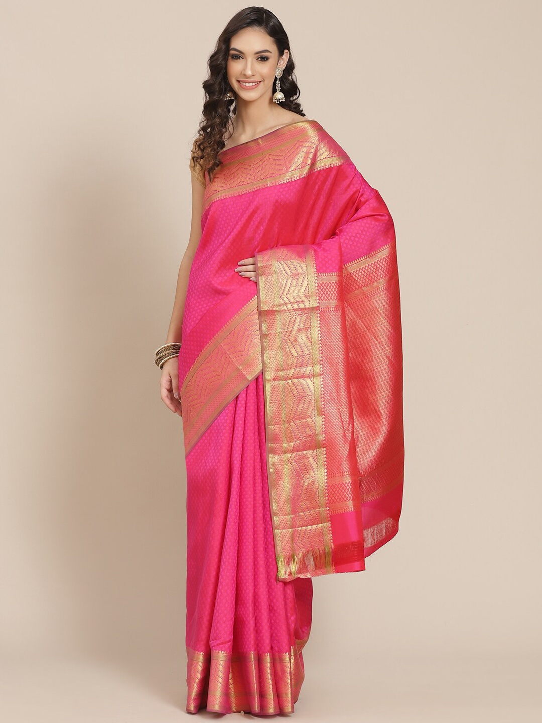 

Meena Bazaar Ethnic Motif Woven Design Zari Saree, Pink