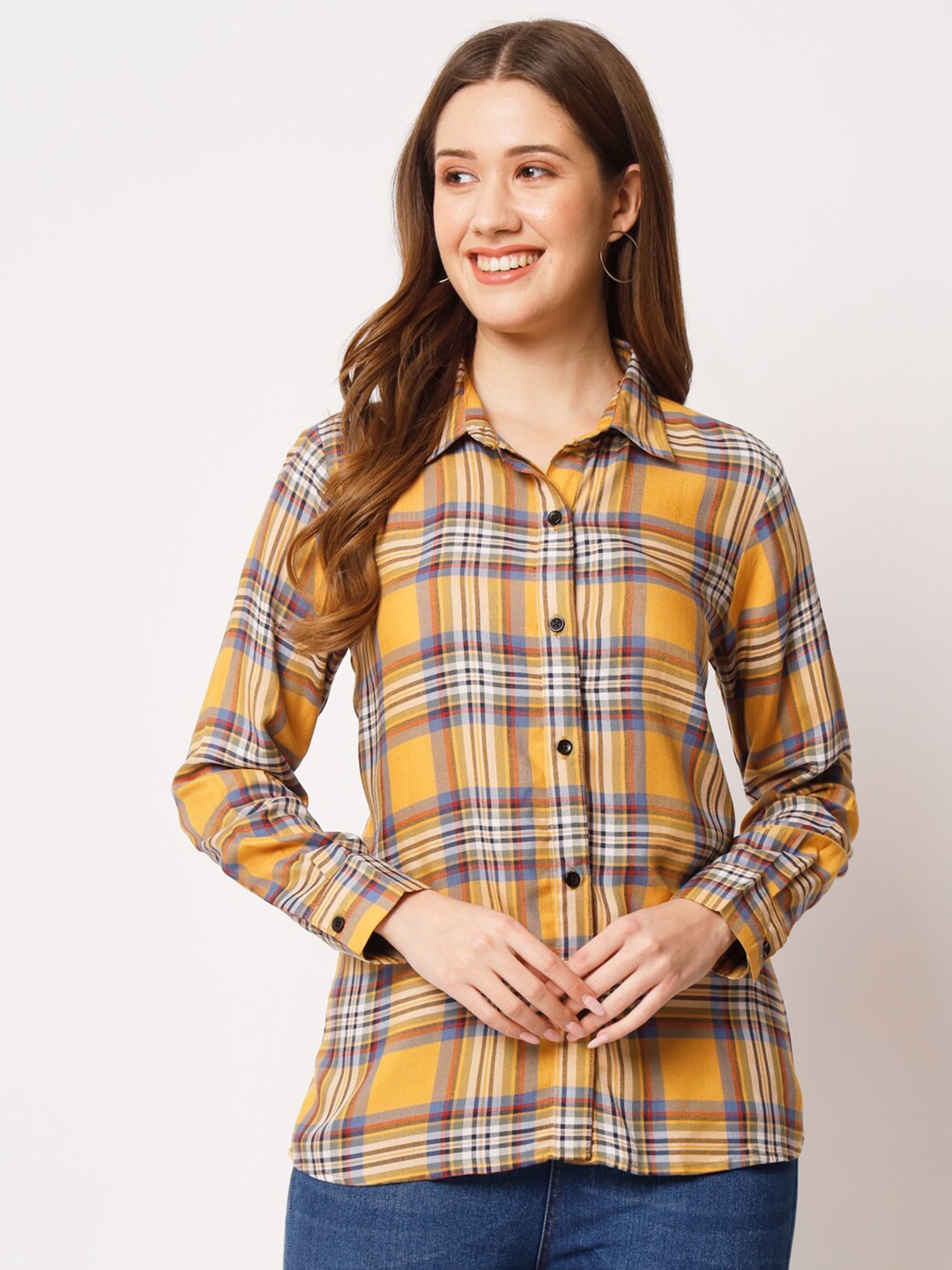 

CHARMGAL Classic Tartan Checked Gapless Technology Shirt, Yellow