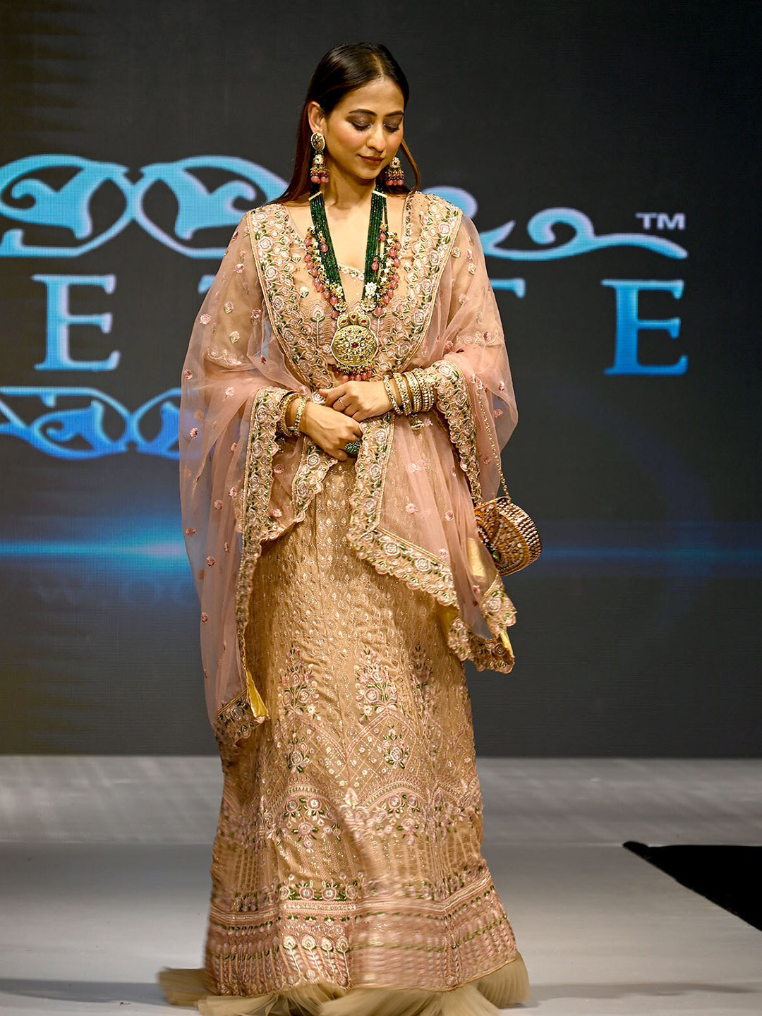 

ODETTE Embroidered Semi-Stitched Lehenga & Unstitched Blouse With Dupatta, Peach