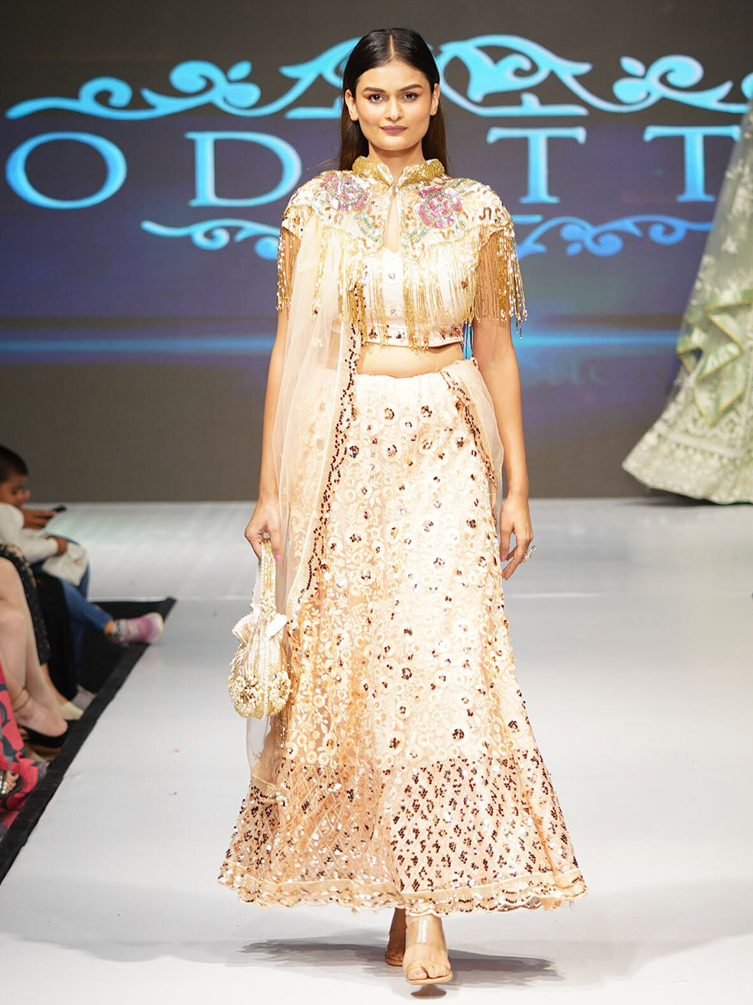 

ODETTE Embroidered Sequinned Semi-Stitched Lehenga & Unstitched Blouse With Dupatta, Peach