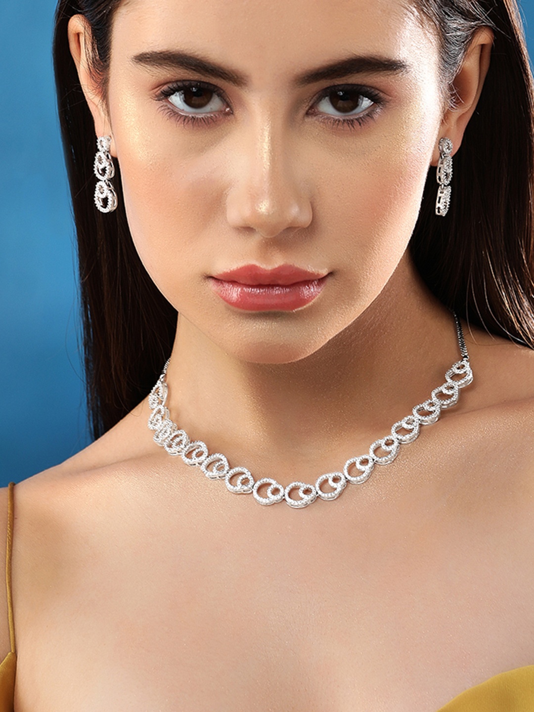 

Rubans Rhodium-Plated CZ-Studded Jewellery Set, Silver