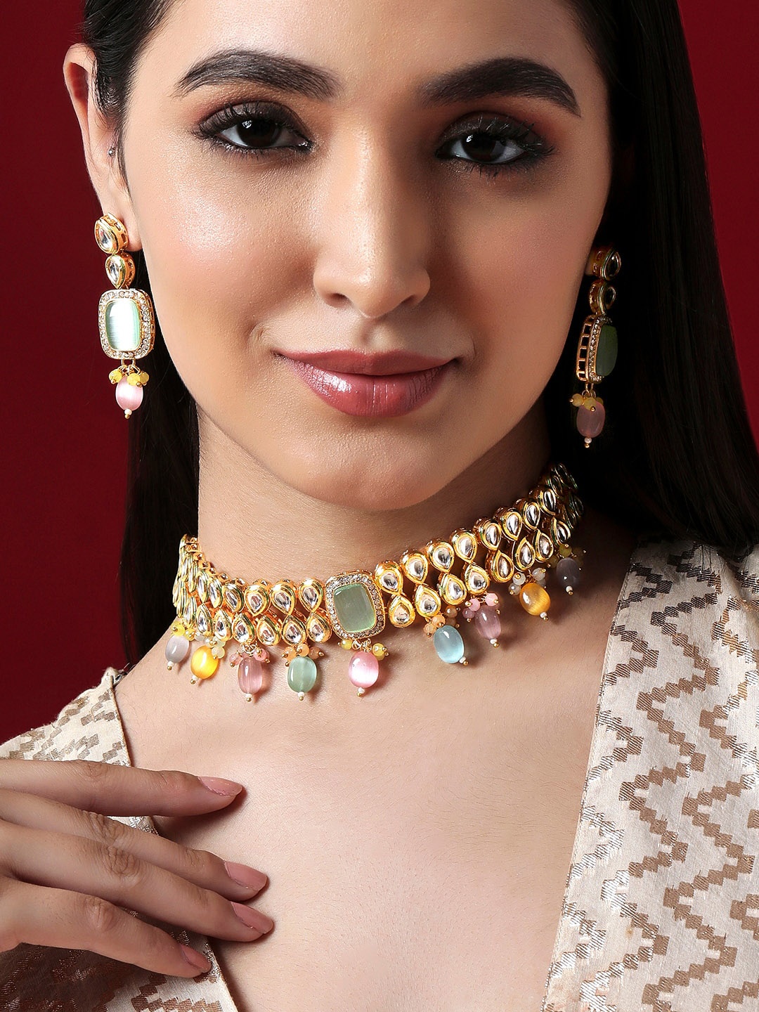 

Rubans Gold Plated Kundan Choker Set With Pastel Beads Jewellery Set