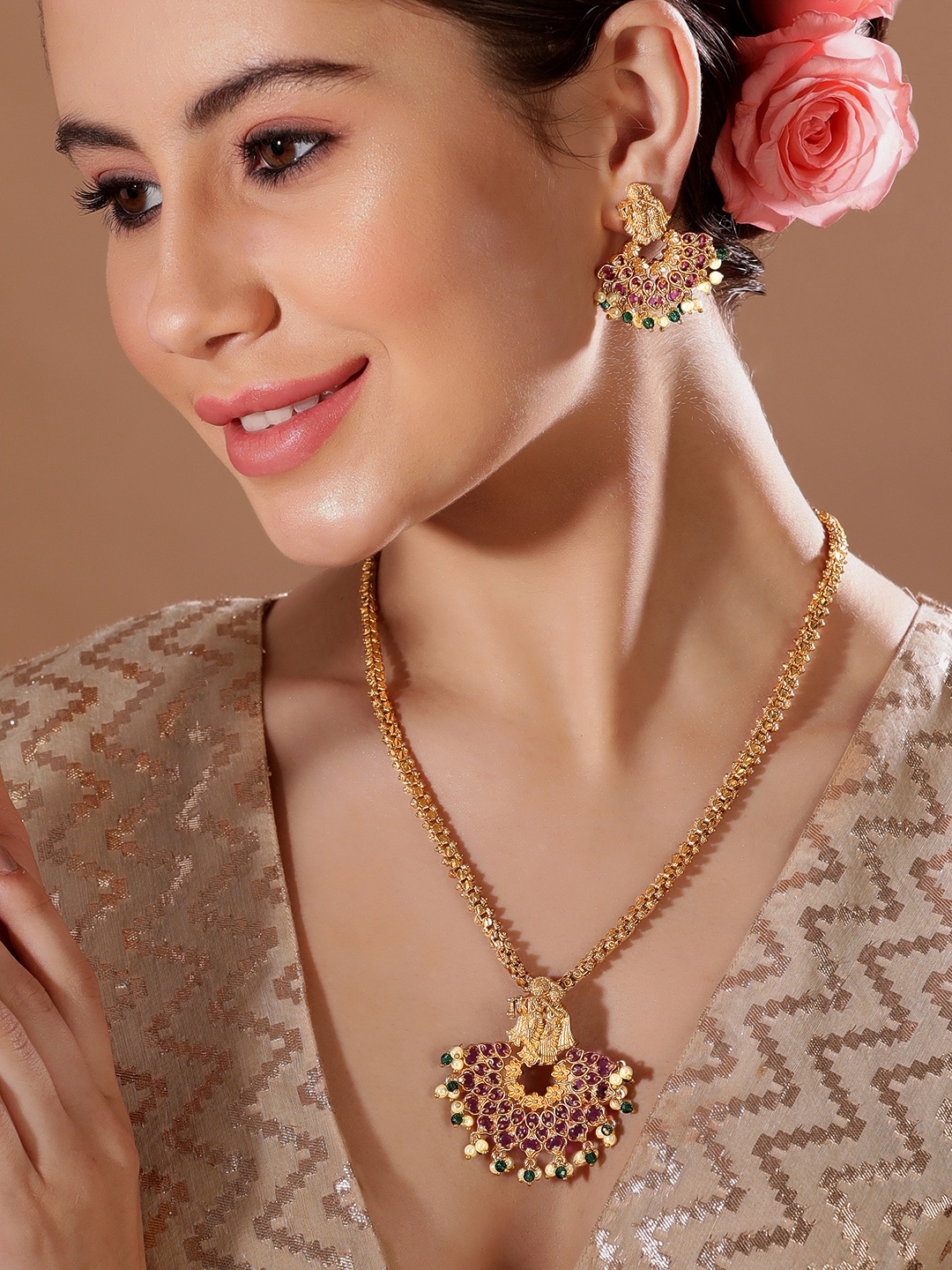 

Rubans 24K Gold Plated Ruby,Emerald Studded Pearl Beaded Krishna RadhaTemple Jewellery Set