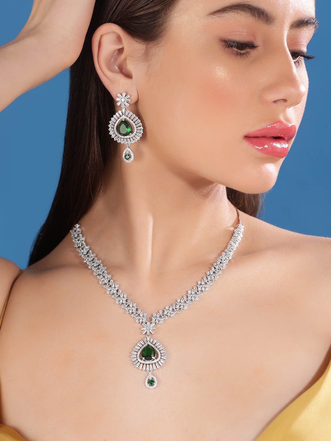 

Rubans Rhodium Plated Premium White And Green Zircons Studded Statement Jewellery Set, Silver