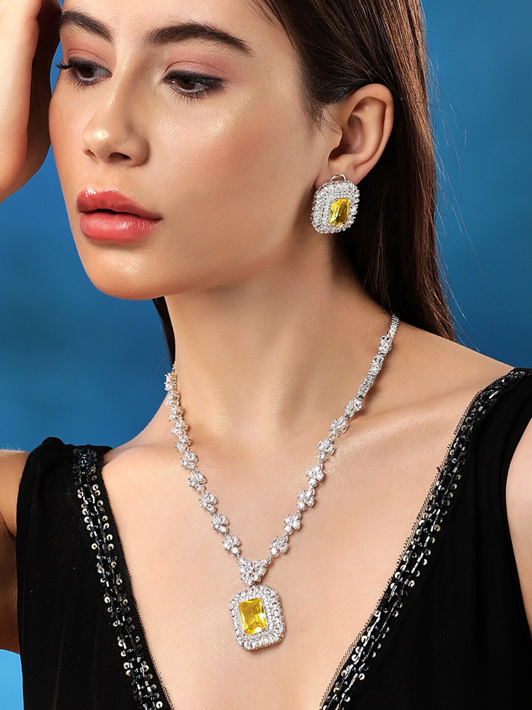 

Rubans Rhodium-Plated CZ-Studded Jewellery Set, Silver