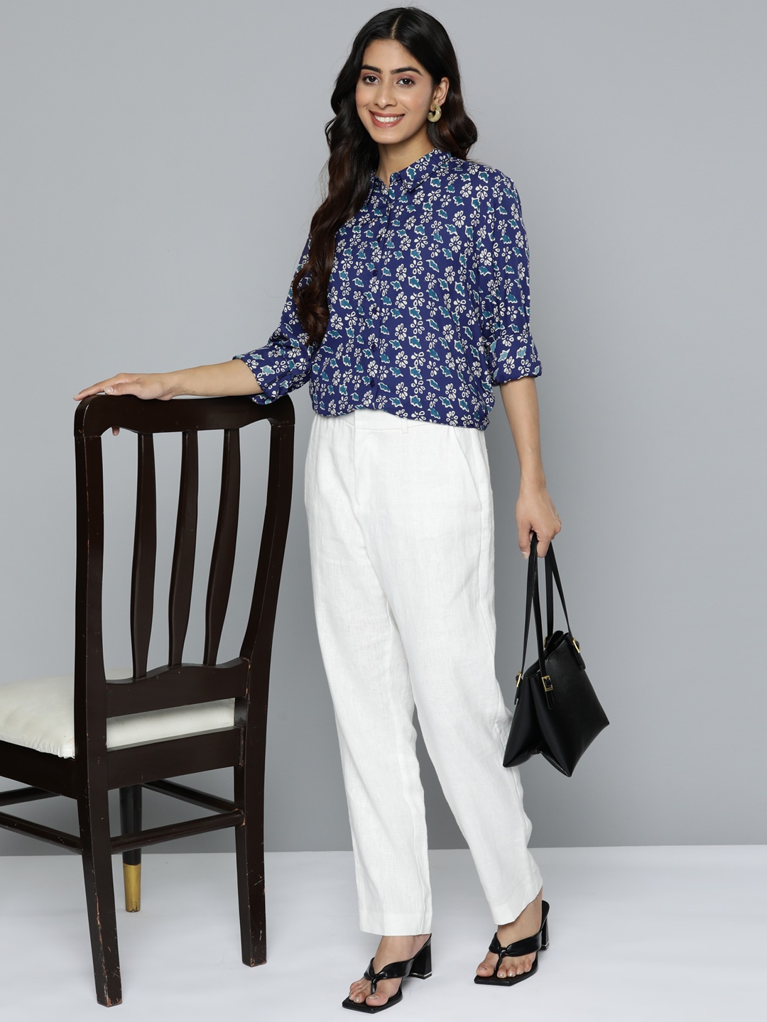 

HERE&NOW Women Floral Opaque Printed Casual Shirt, Navy blue