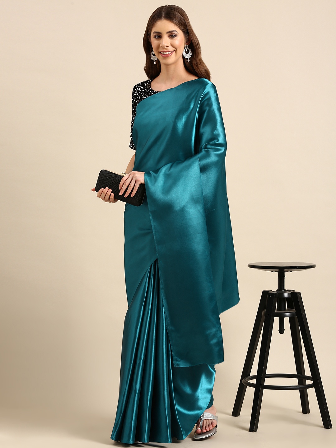 

ORUS Solid Satin Saree, Teal