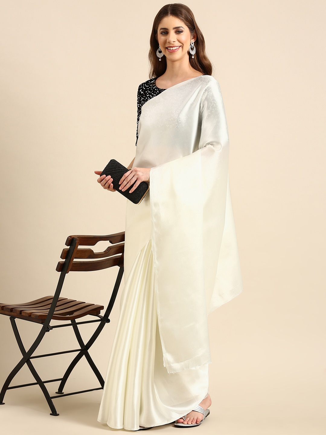 

ORUS Solid Satin Saree, Off white