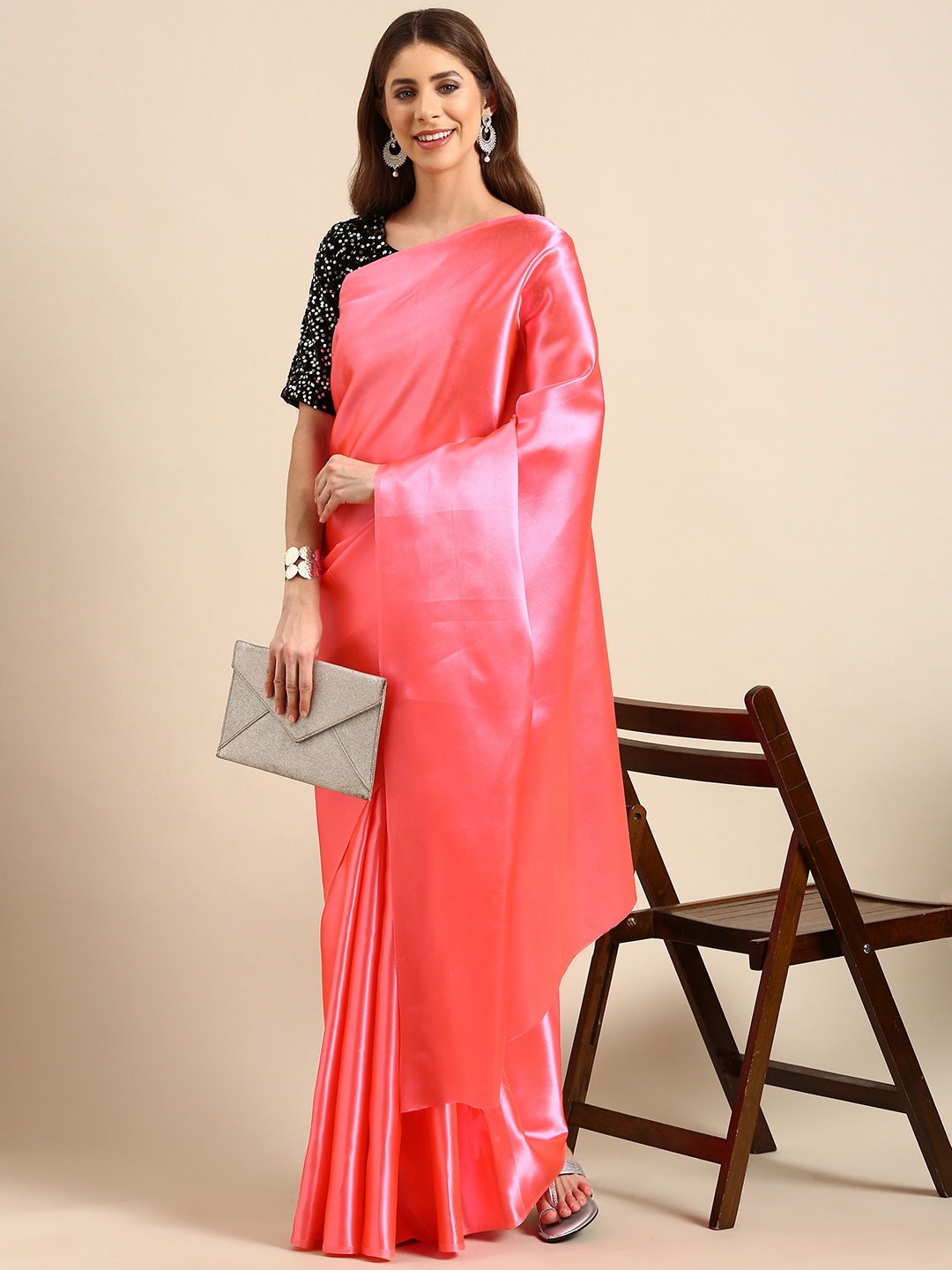 

ORUS Solid Satin Saree, Pink