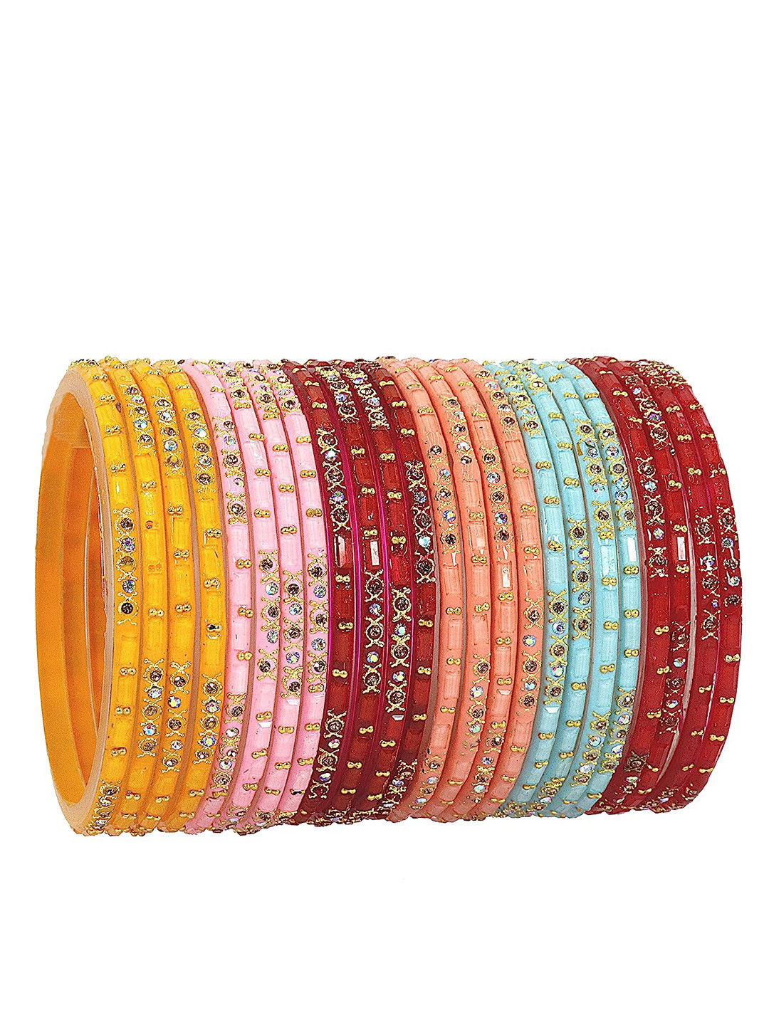 

NMII Set Of 24 Zircon & Pearls Studded Plastic Bangles, Red