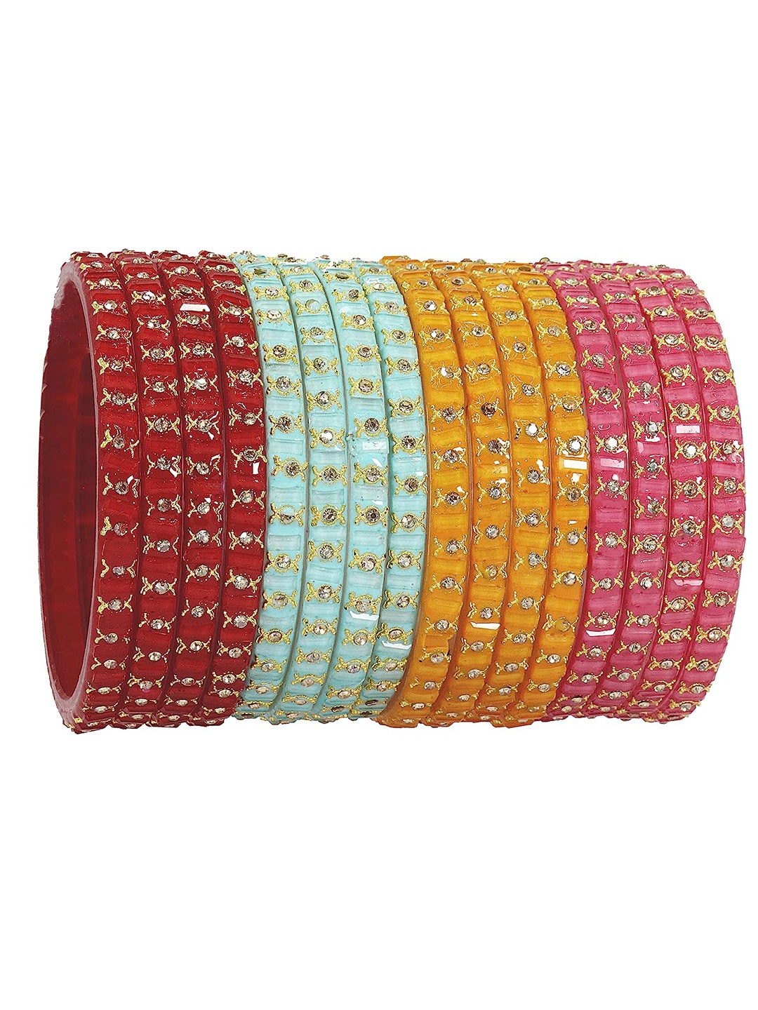 

NMII Pack Of 16 Zircon Gemstone-Studded Glossy Finished Glass Bangle Set, Red