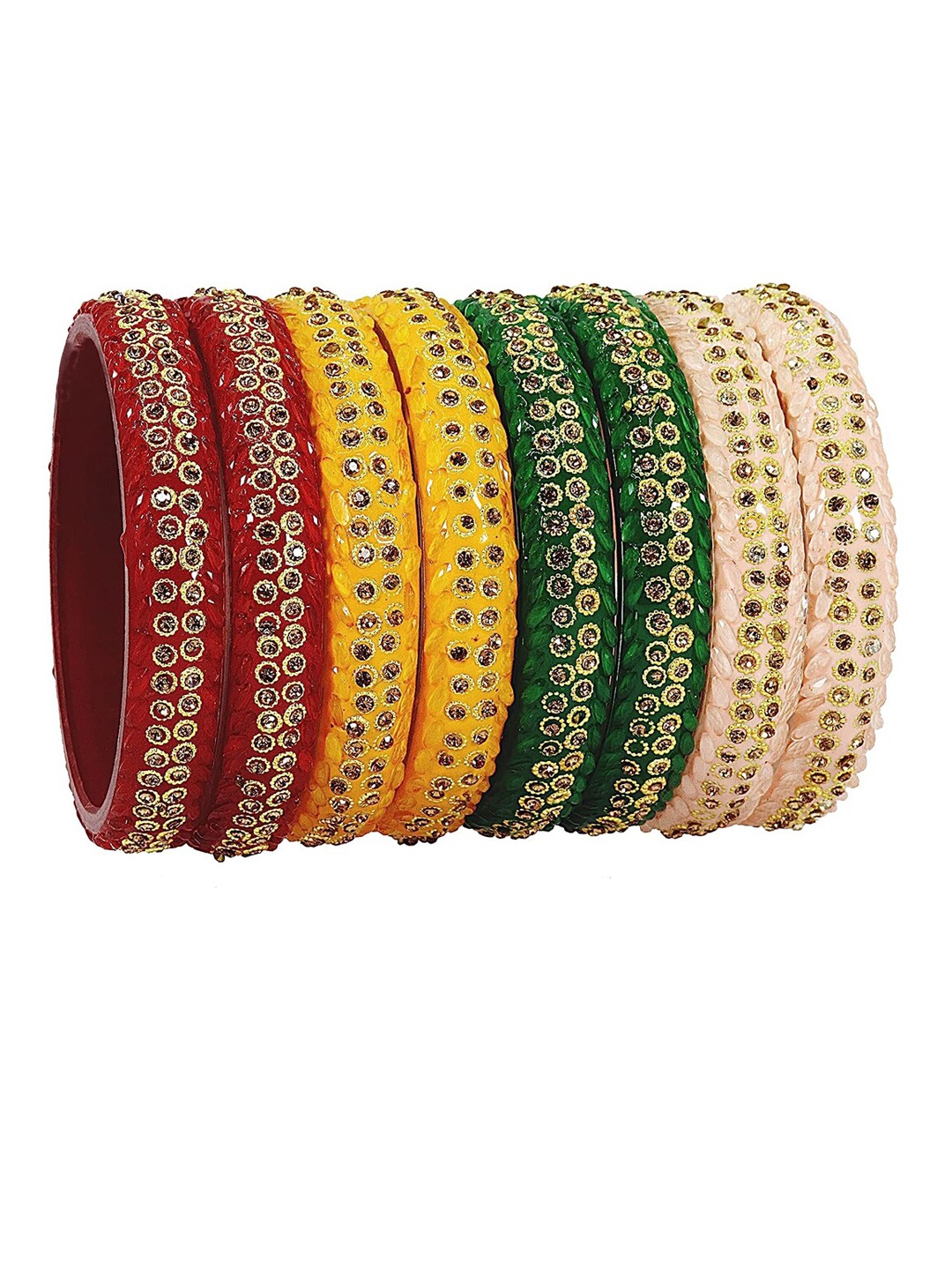 

NMII Set Of 8 Zircon Studded Glossy Finished Kada Bangles, Red