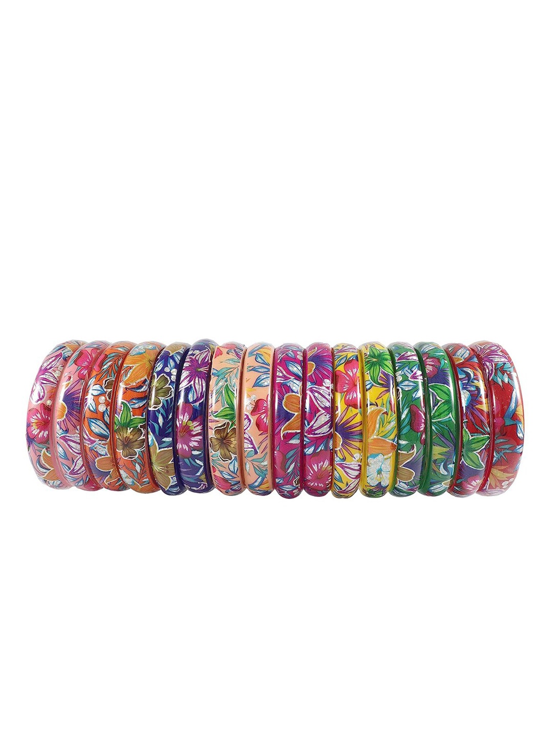 

NMII Set Of 16 Floral Printed Glossy Kada Bangles, Pink