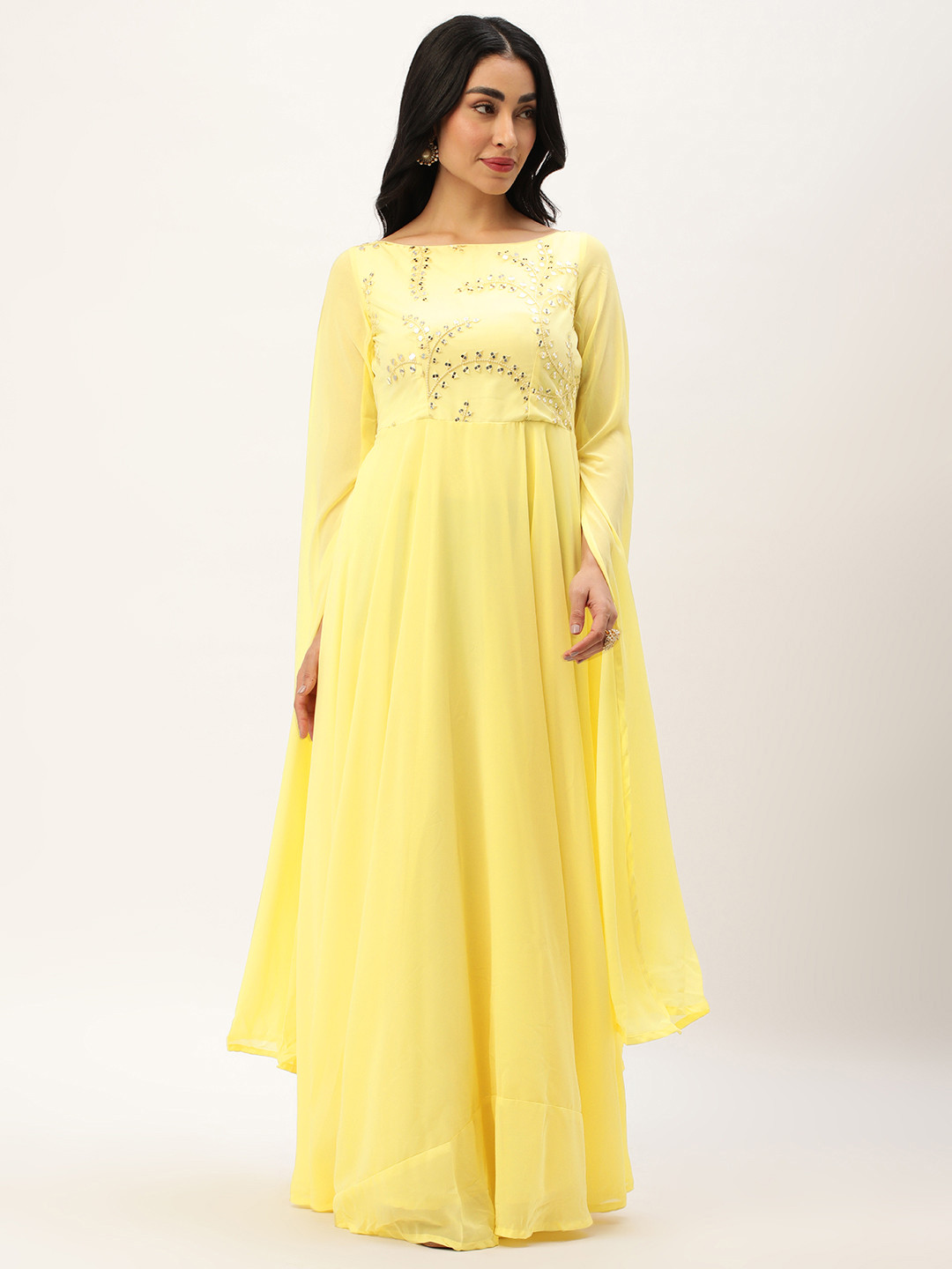 

Ethnovog Floral Embroidered Slit Sleeve Georgette Maxi Dress, Yellow