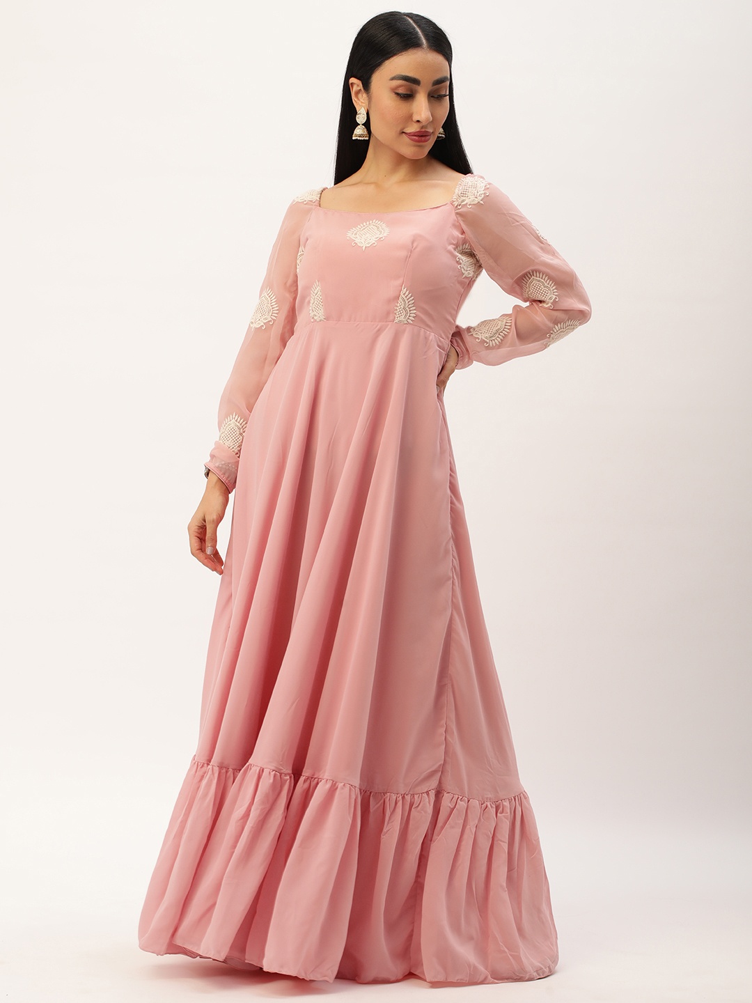 

Ethnovog Ethnic Motifs Embroidered Georgette A-Line Maxi Dress, Pink