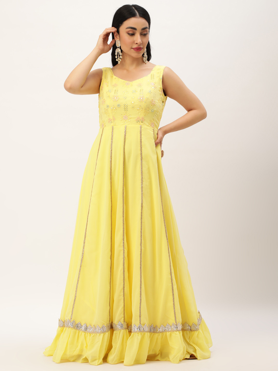 

Ethnovog Floral Embroidered Sequinned Georgette Maxi Gown, Yellow