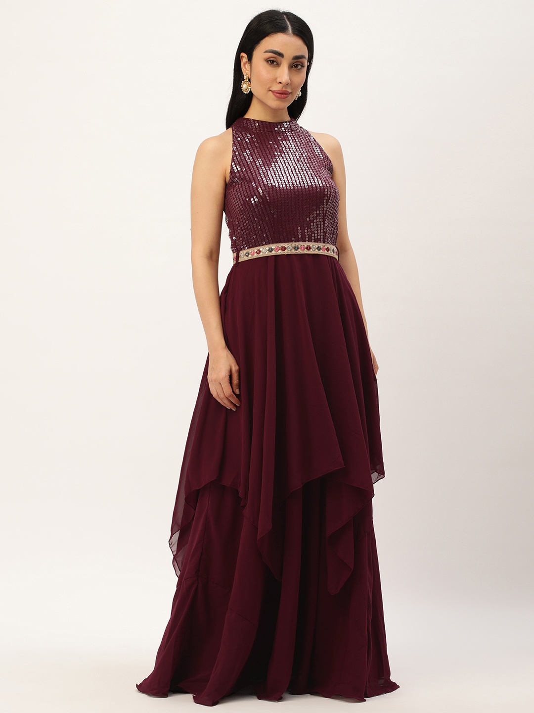 

Ethnovog Embellished Sequinned Georgette Maxi Dress with Belt, Burgundy