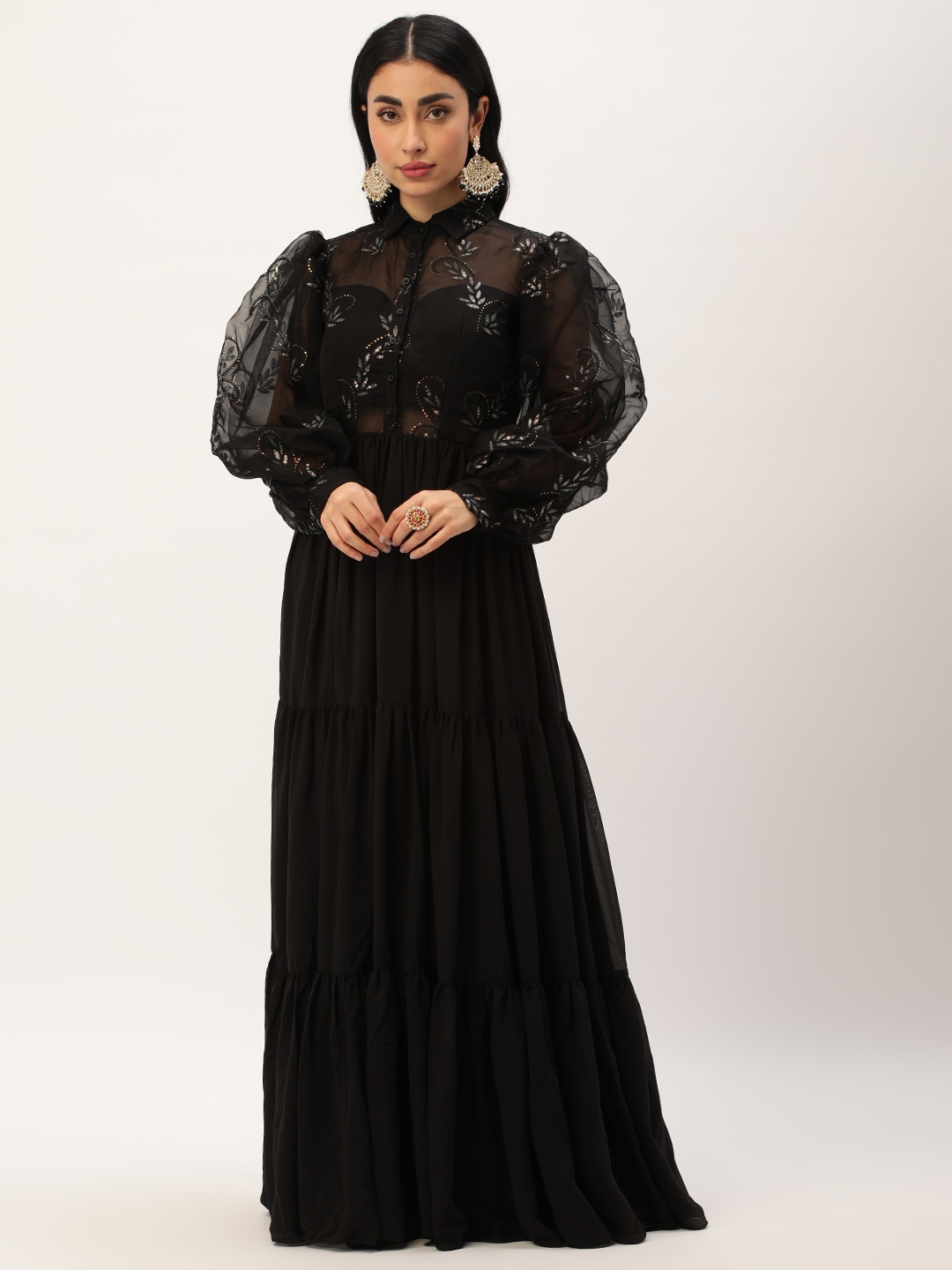 

Ethnovog Floral Puff Sleeve Georgette A-Line Maxi Dress, Black