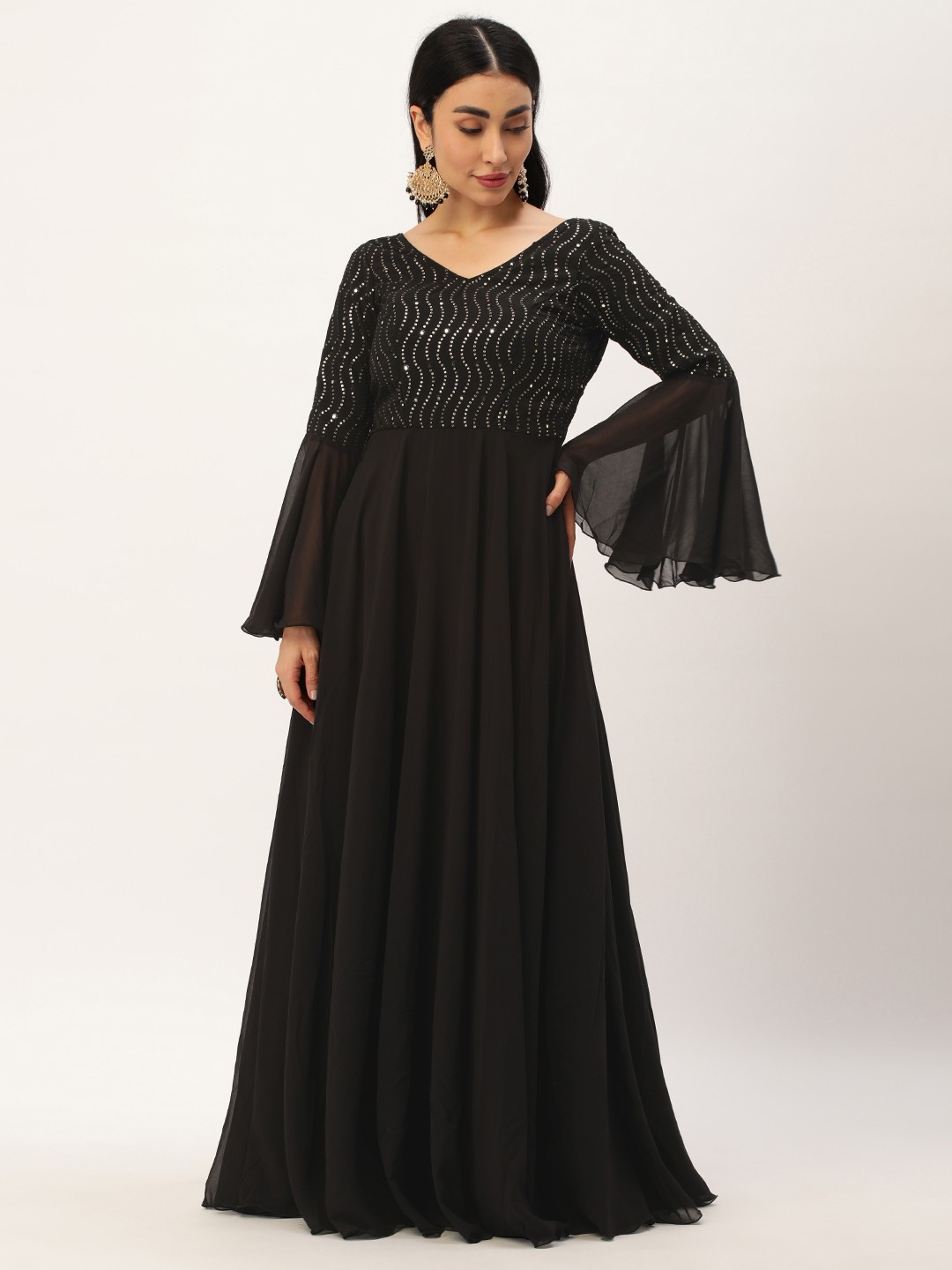 

Ethnovog Embellished Bell Sleeves Sequinned Georgette A-Line Maxi Dress, Black