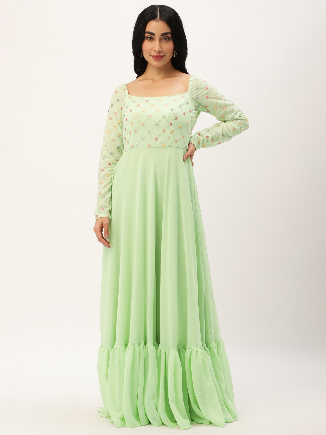 Ethnovog Floral Embroidered Georgette Maxi Dress, Sea green