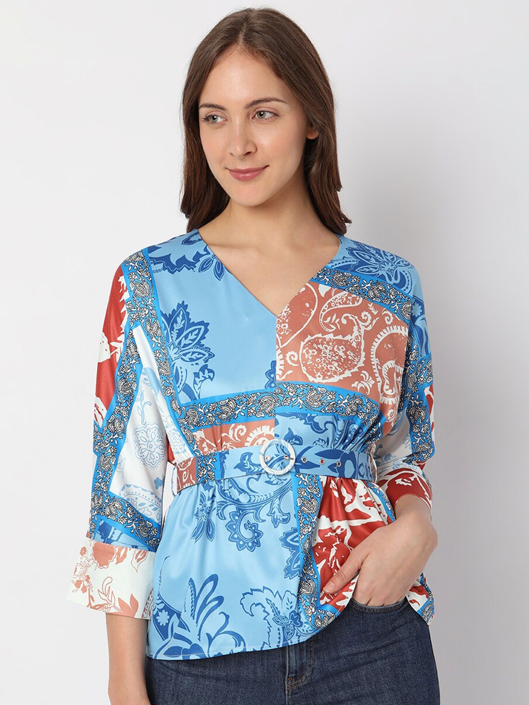 

Vero Moda Floral Printed V-Neck Belted Top, Blue