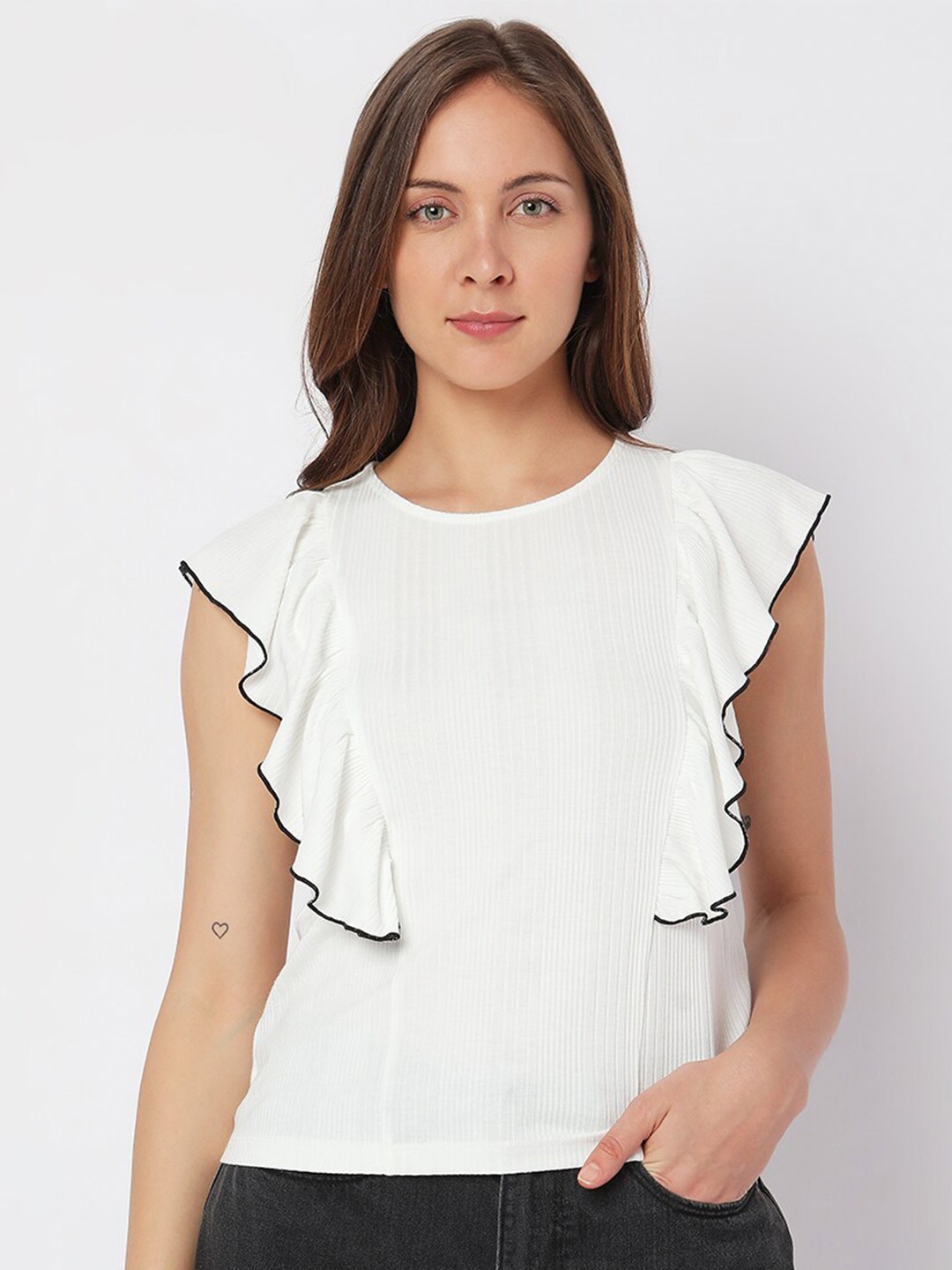 

Vero Moda Round Neck Ruffles Top, White