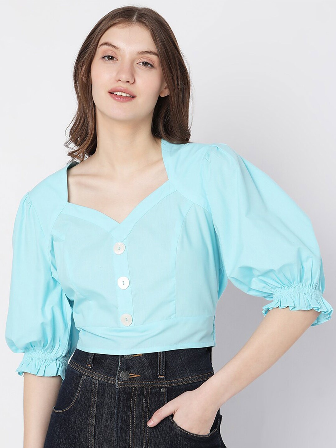 

Vero Moda Sweetheart Neck Puff Sleeve Crop Top, Blue