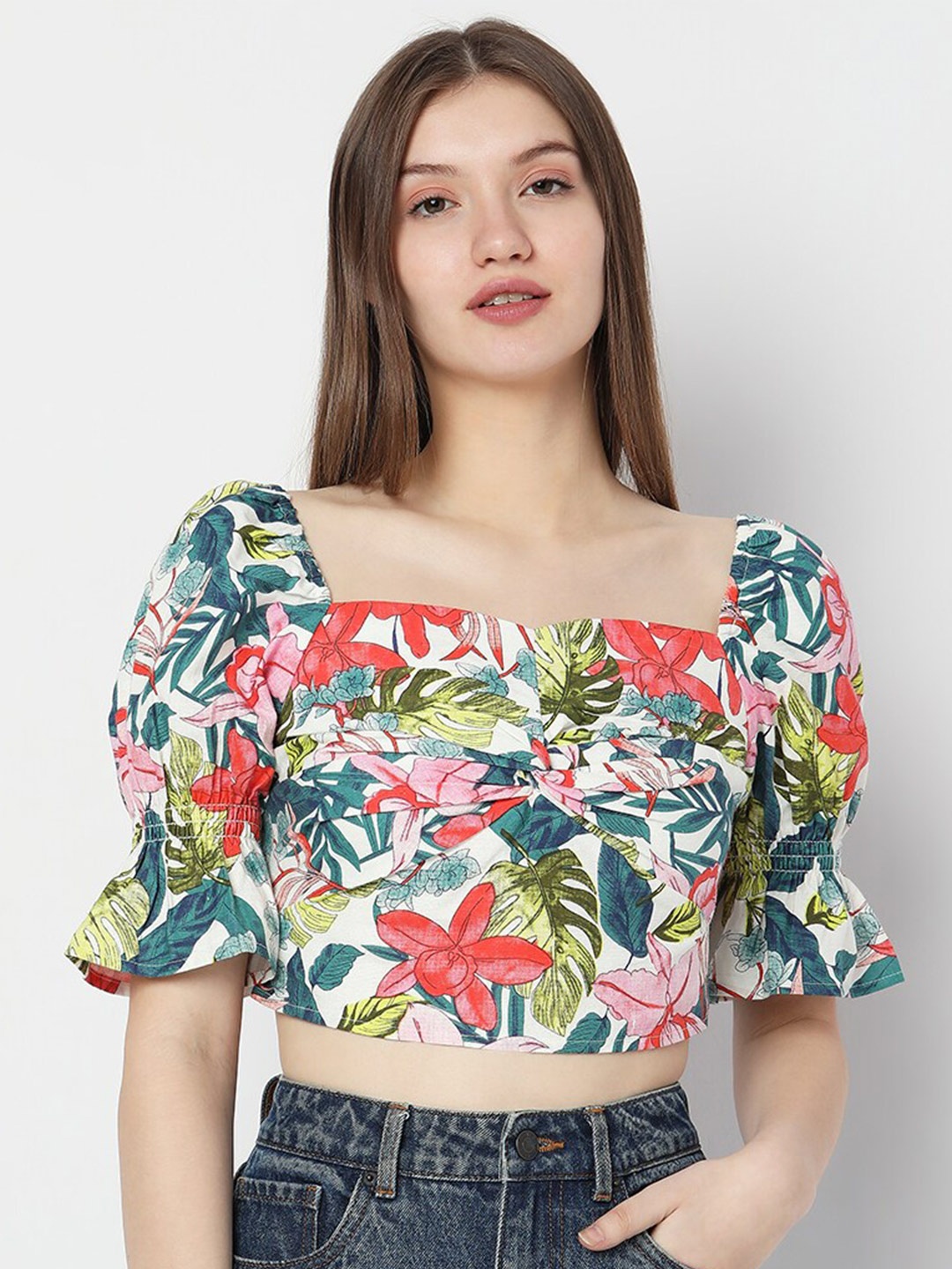 Vero Moda Floral Printed Square Neck Puff Sleeve Crop Top, White