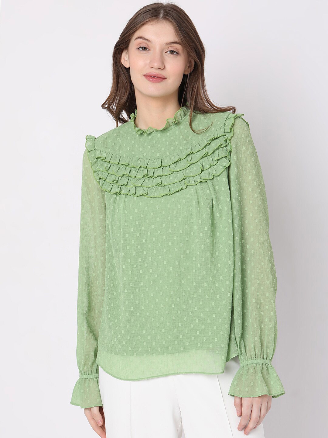 

Vero Moda Geometric Self Design Puff Sleeves Top, Green