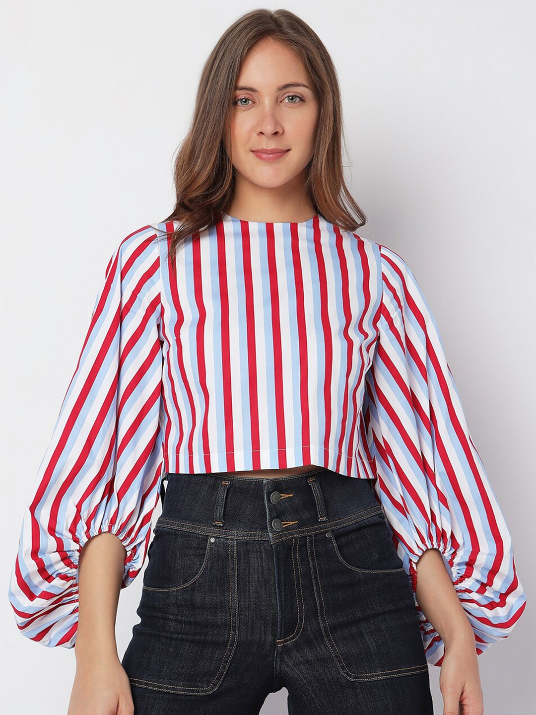 

Vero Moda Striped Puff Sleeve Cotton Crop Top, White