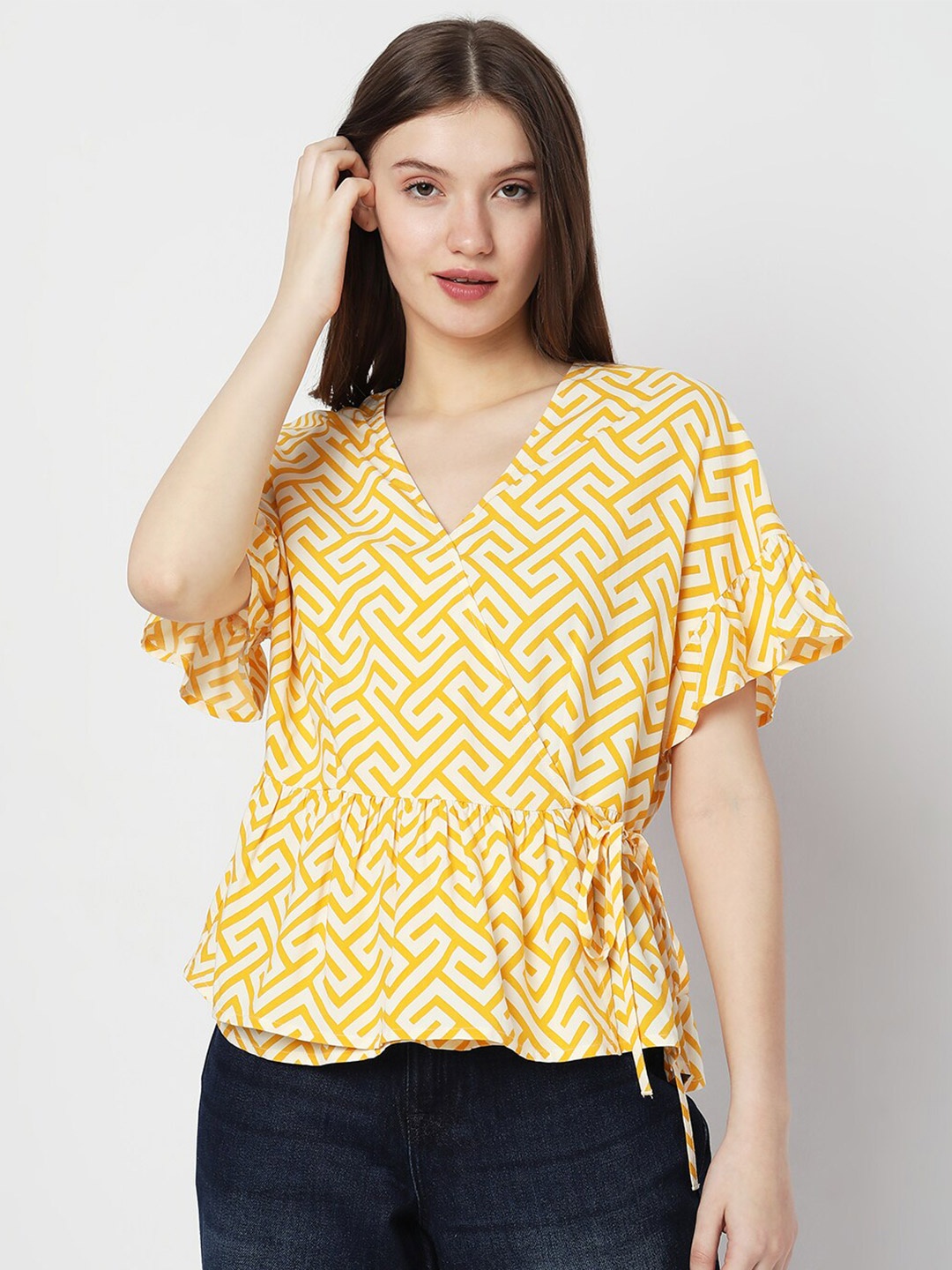 

Vero Moda Geometric Print Bell Sleeve Wrap Top, Yellow